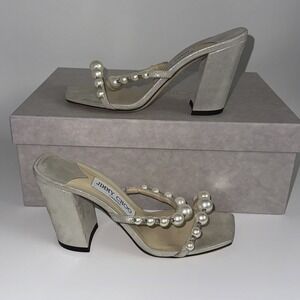 Jimmy Choo Amara 85 Sandals Block Heel Women's 35 Champagne Gold Embellished